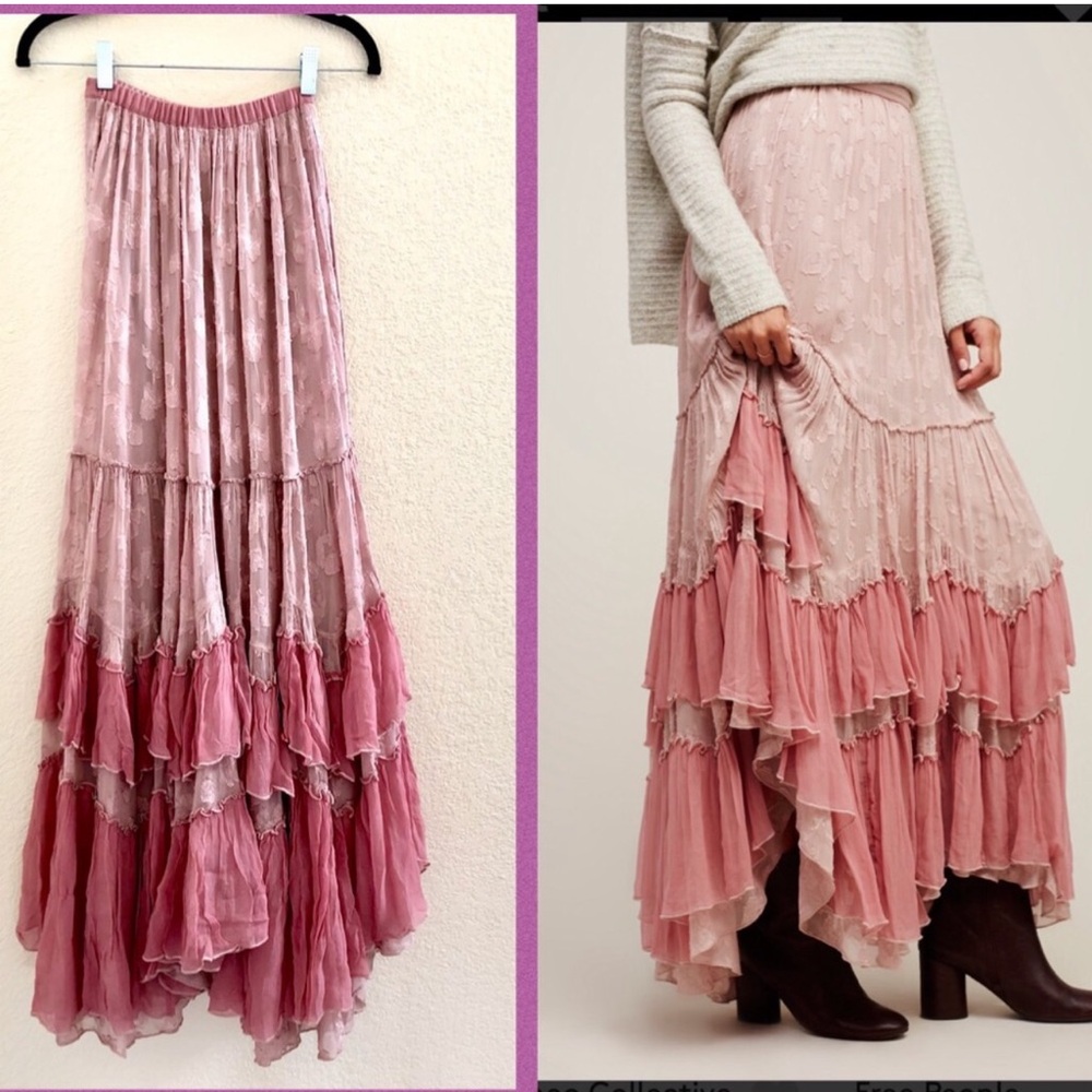 Free People See You Tonight Maxi Skirt Dusty Pink Ballerina Layered Boho